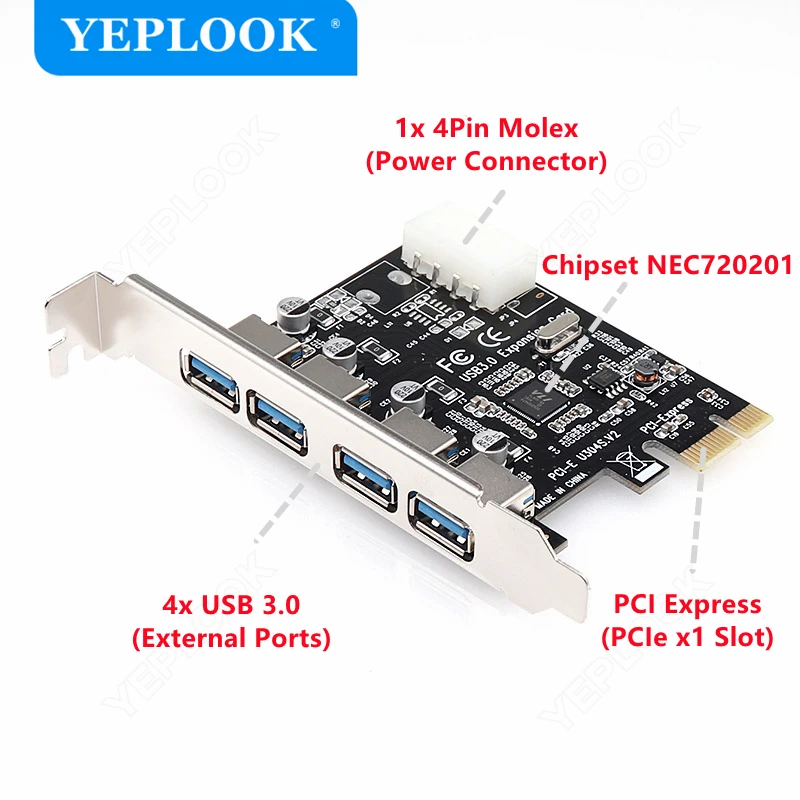 PCIe 1x to 4 Port USB3.0 Expansion Card 4Pin Power Connector PCI Express Adapter USB 3.0 Hub High Speed 5Gbps Chipset NEC720201