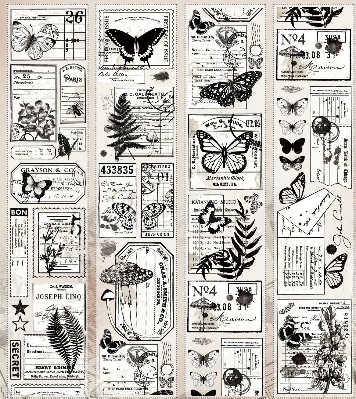 Butterfly Plants and Letter- Black and White Flower Vintage Washi PET Tape Journal Decoration