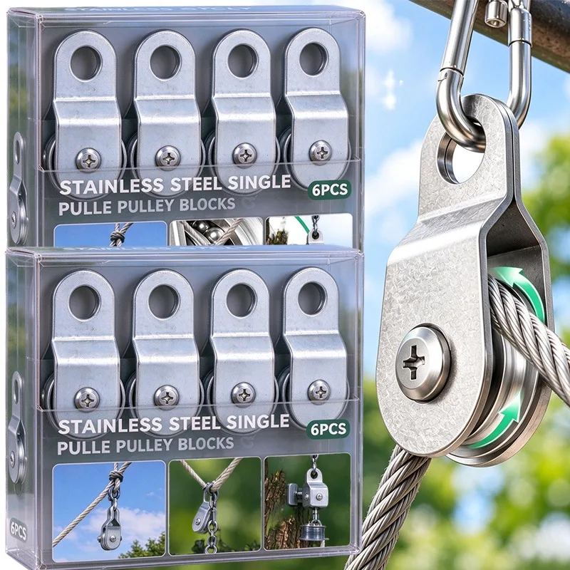 1/6Pcs Heavy Duty Rope Pulley Stainless Steel 38mm Wheel Ball Bearing Sheave Capacity with Hook for Clothesline Outdoor Camping