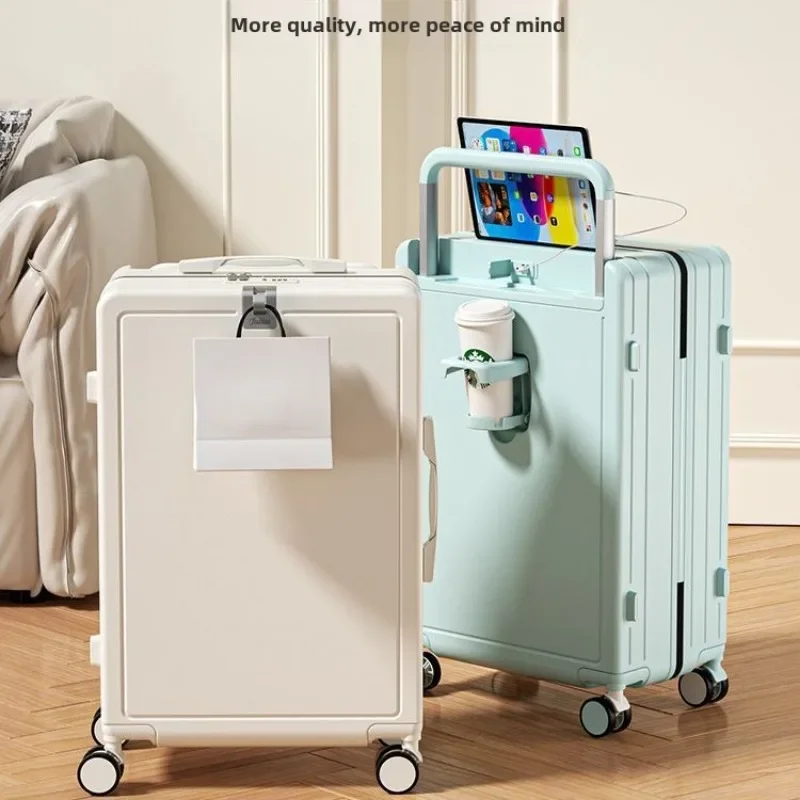 

Multifunctional Draw-Bar Suitcase Zipper Wide Handle Trolley Luggage with Cup Holder Port Trip Boarding Case Spinner 20 inch