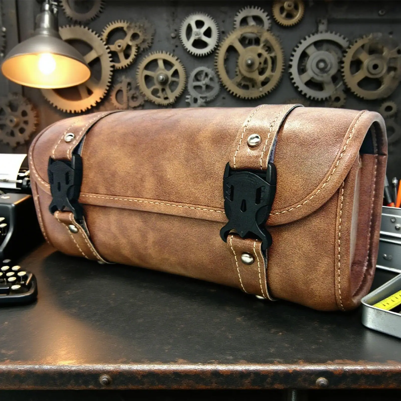 

Motorcycle Rear Bag Tool Organizer PU Leather front and rear tool bag with front storage pocket for Men Women Bike Luggage