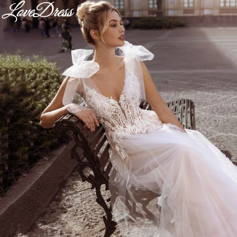 LoveDress-A خط الدانتيل زين فساتين الزفاف ، الأشرطة السباغيتي ، مثير الخامس الرقبة فساتين العروس ، عارية الذراعين ، سستة ، القطار