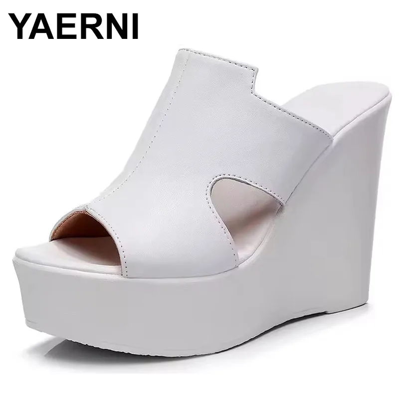 

Новые летние тапочки с открытым носком на платформе, на танкетке, большие размеры, тапочки на высоком каблуке из натуральной кожи