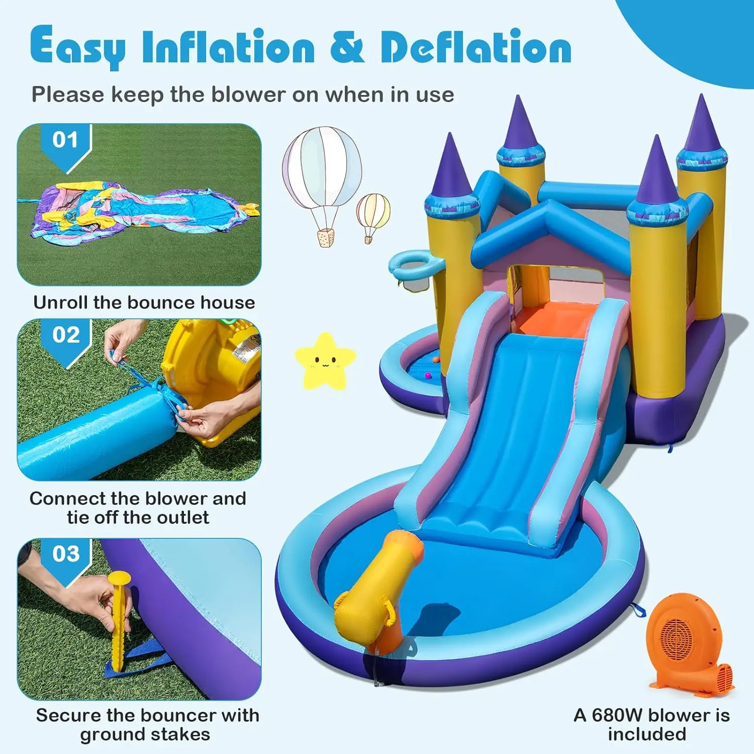 Toboggan gonflable avec souffleur, parc aquatique Ocean Bounce House avec fosse à balles et piscine anti-éclaboussures pour le plaisir en plein air, château gonflable W