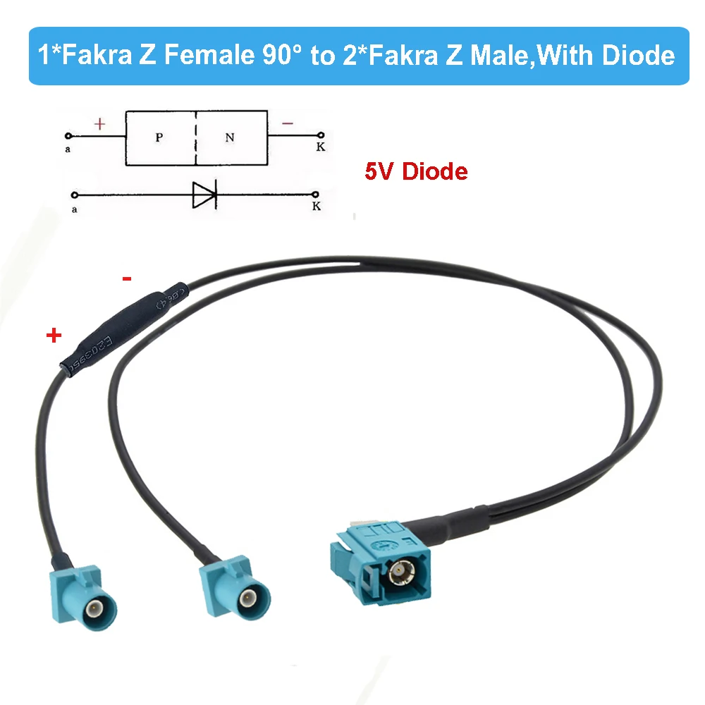 Fakra Z Male to Dual Fakra Z Female Right Angle Y Type Splitter Cable With Diode RG174 Pigtail Car GPS Antenna Extension Cord