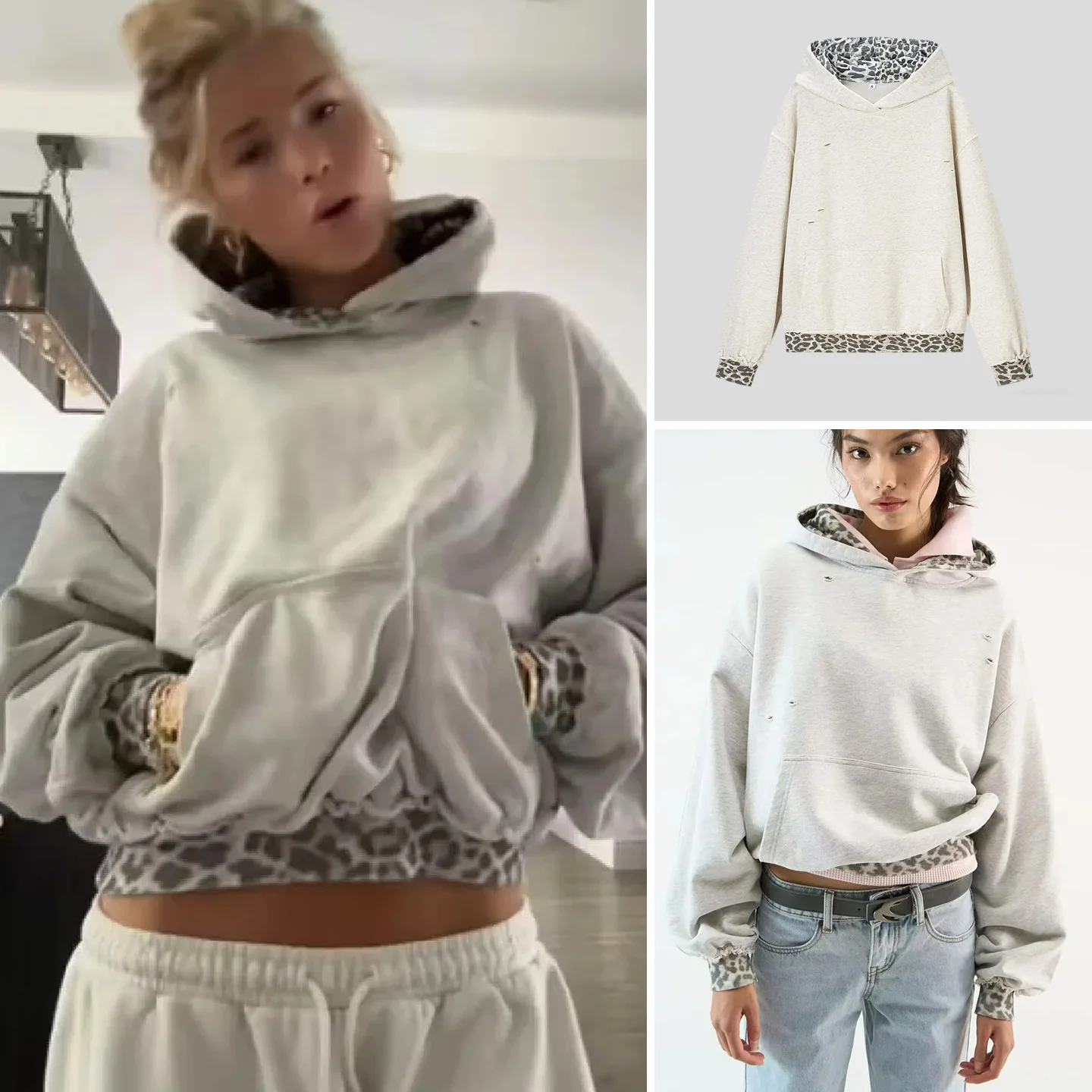 

Spring New Arrival Women's mat Loose Fit Warm Leopard Print Patchwork Hole Long Sve Hoodie Polyester Fiber ort Sle