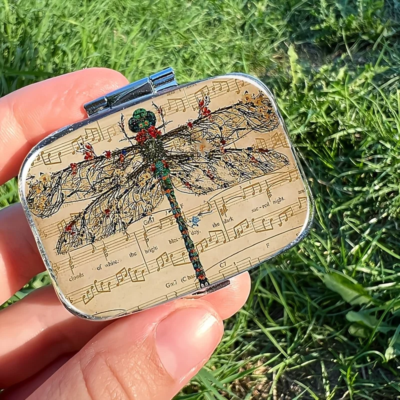 Dragonfly Music Square Pill Box - Compact 2-Compartment Medicine Organizer, Ideal for Portable Travel, Unique Gift Idea, Home and Wallet Storage Box
