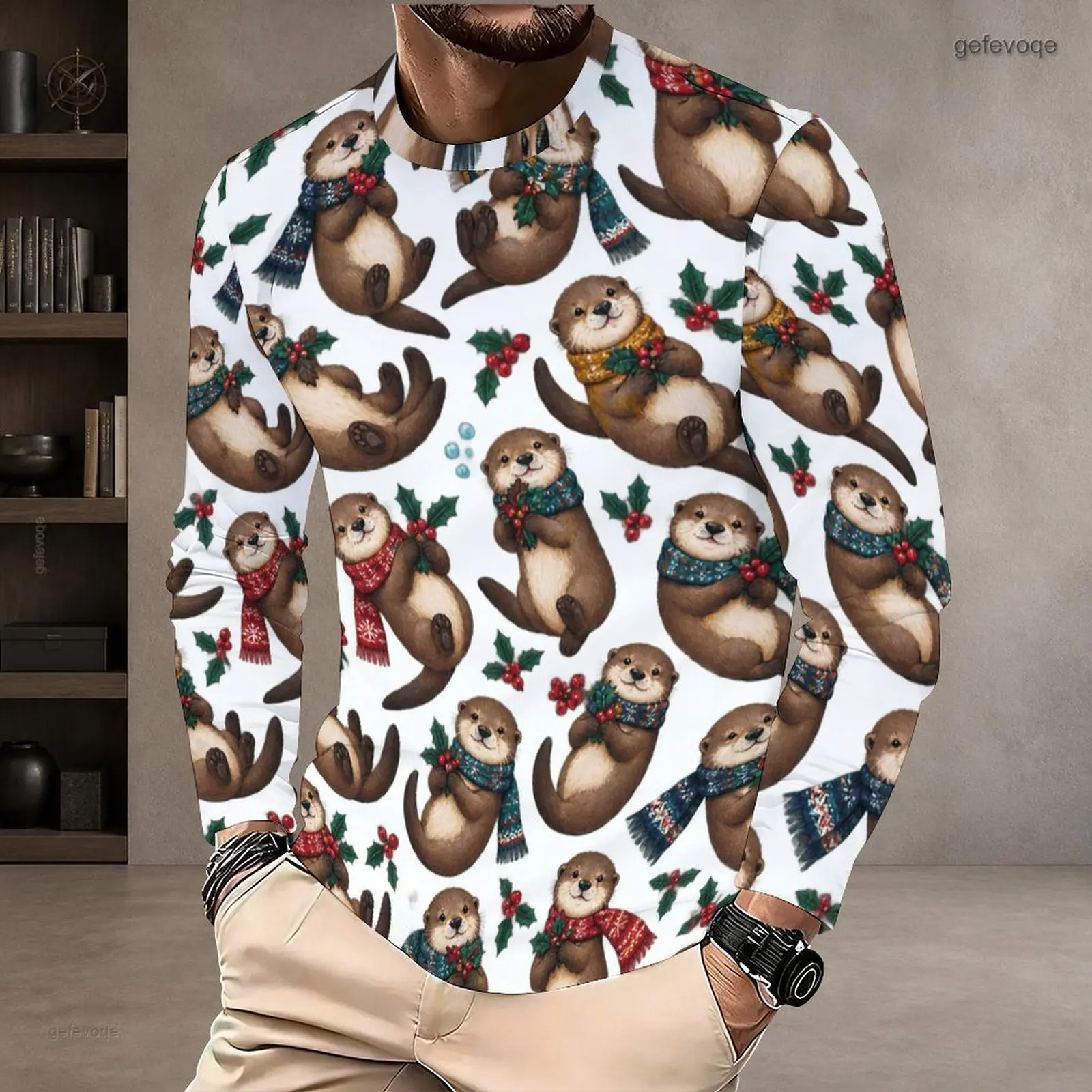 Men Round Neck Long Sleeve T-Shirt, All Over Printed Otter and Holly Berry Pattern White Base