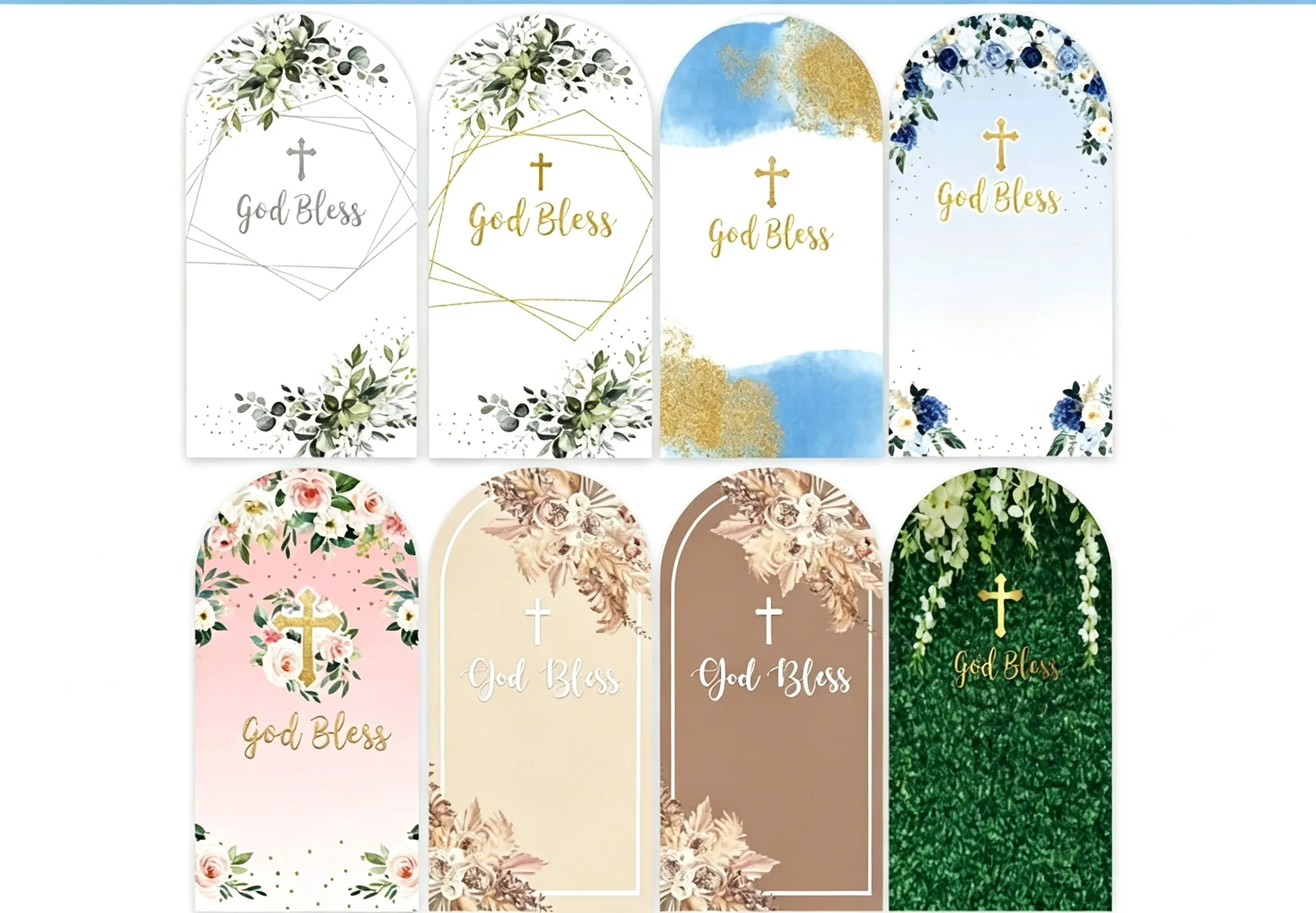 Custom Double-Sided Baptism Baby Shower Arch Backdrop Cover God Bless Christening Greenery Flowers Birthday Party Photography