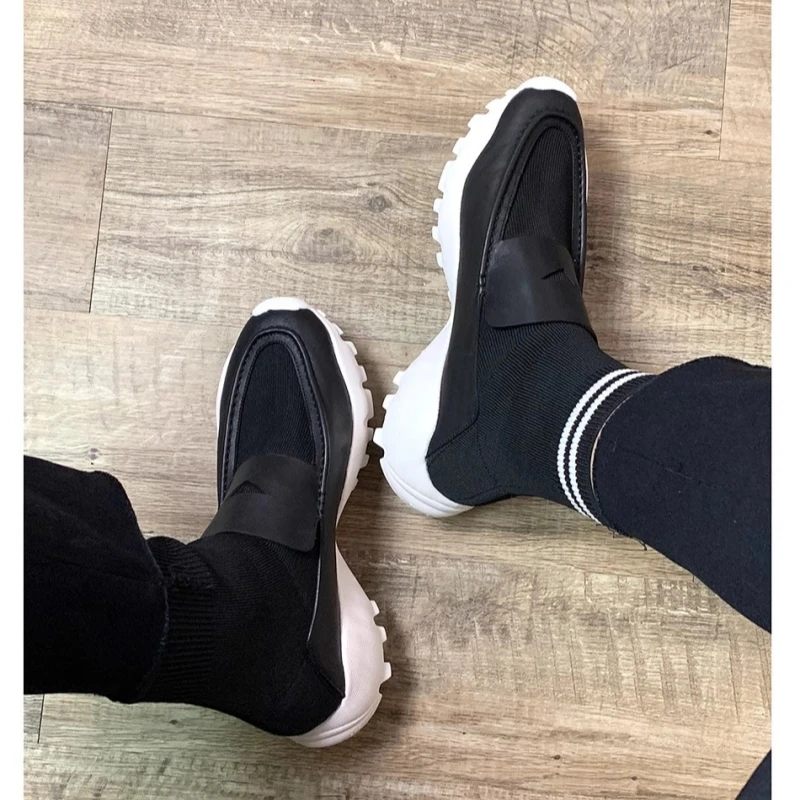 Spring and Autumn New Knitted Cowhide Thick Sole Height Increasing Boots Casual High Heel Flat Large Size Small Size Men\'s Shoes