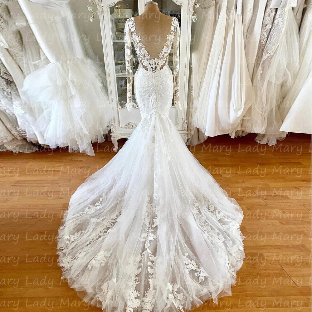 Customized Vintage Lace Mermaid Wedding Dresses Ivory Long Sleeves Robe De Mariée V Neck Lady Bridal Gowns Marriage Designer