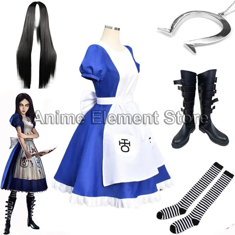 Game Alice Madness Returns Cosplay Costume Princess Dress Maid Dress Made Halloween Party Maid Dress Apron Wig For Women Girls