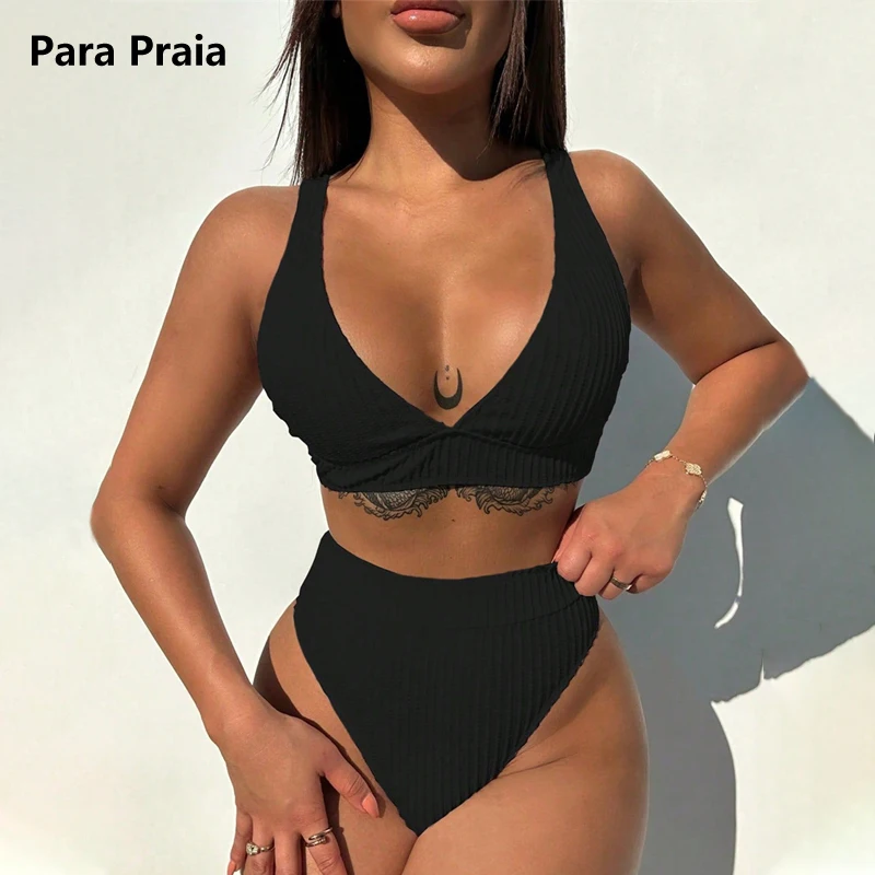 

Para Praia High Cut Halter Bikini Set 2023 Sexy High Waist Swimwear Women Swimsuit Deep V Biquini Backless Bathing Suit