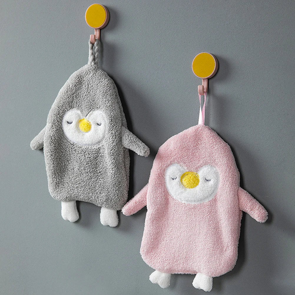 

2pcs Coral Fleece Hand Towels Penguin Shape Quick Dry No Lint Washable Hanging Towel For Bathroom Kitchen Office Home Grey Pink