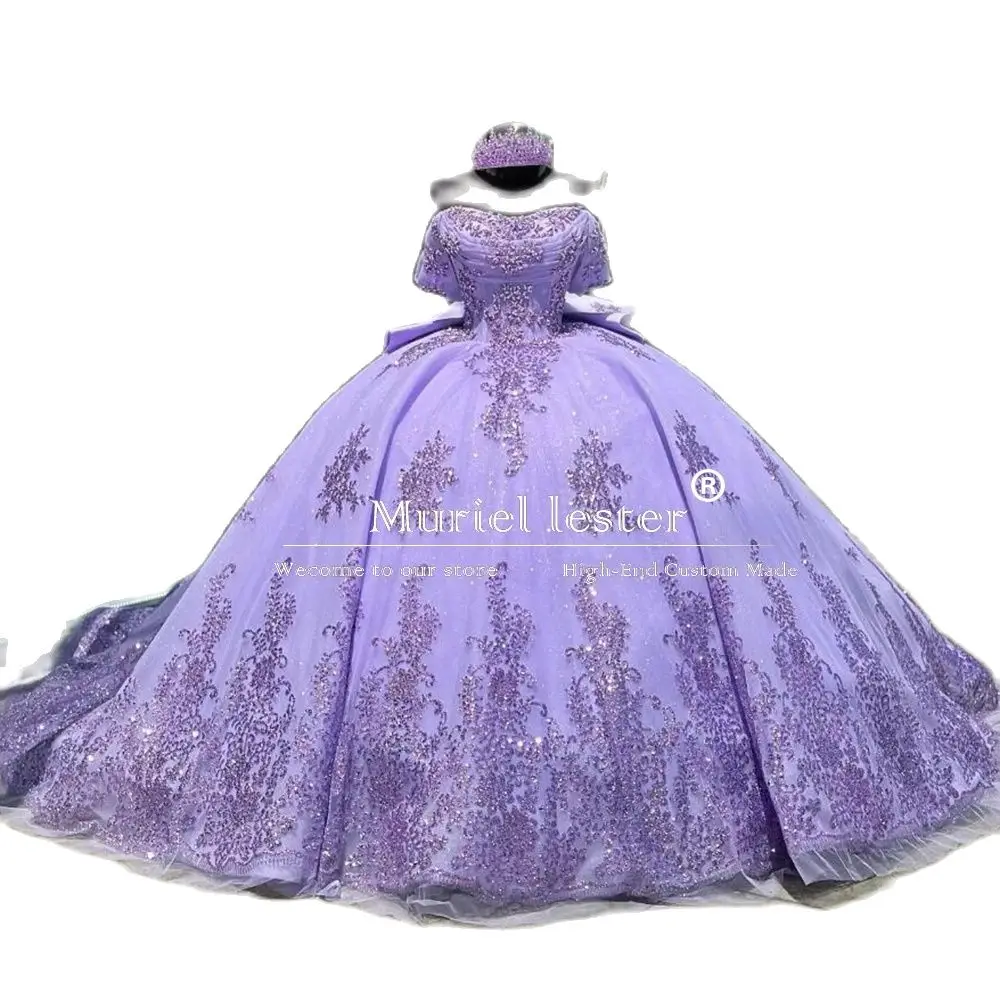 Gaun bola gaun Quinceanera putri Meksiko korset manis 16 gaun ungu Applique renda mengkilap bermanik Vestidos De 15 a00os