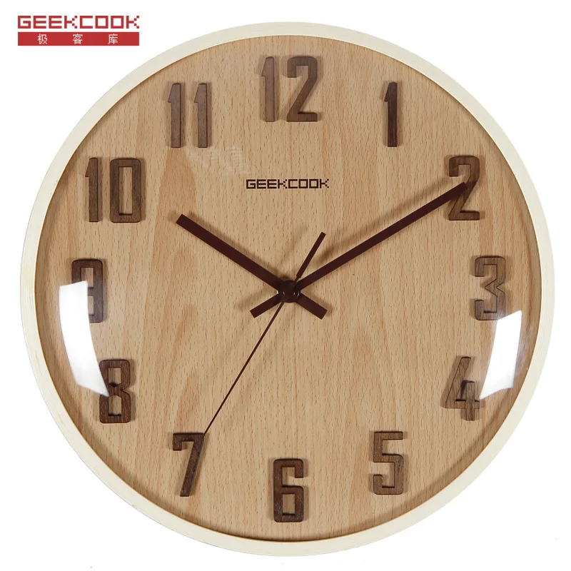 30CM Wooden Frame Wall Clock Number Wooden Frame Spherical Convex Glass Silent Movement Clock  Wall Clock Modern Design