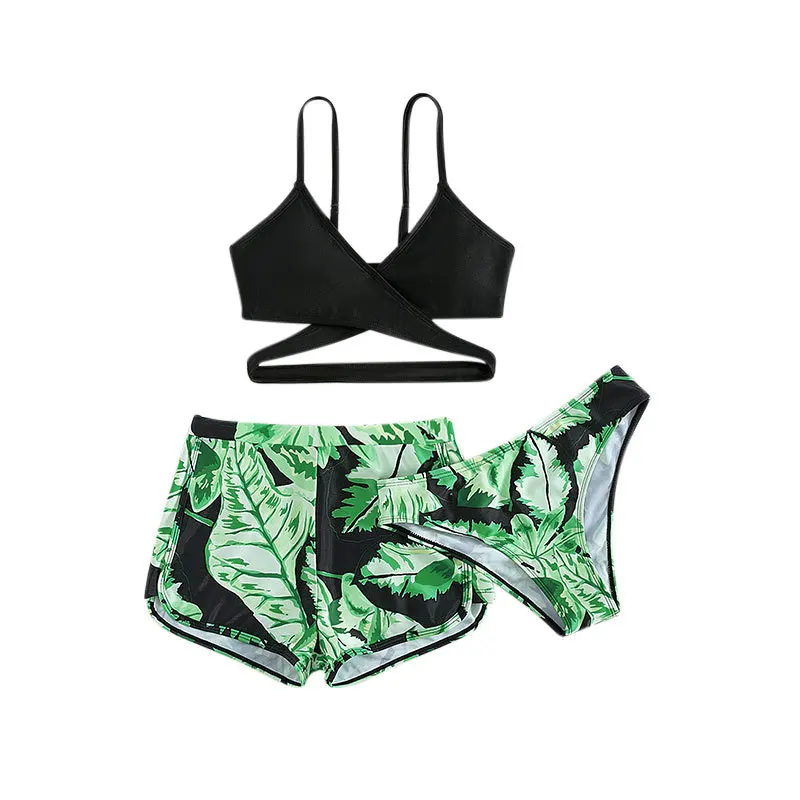 

3pcs Teenage Girls Tropical Swimwear Bathing Suit Fashion Children's Tops Panties Floral Shorts Boho Beachwear Kids Bathing Suit