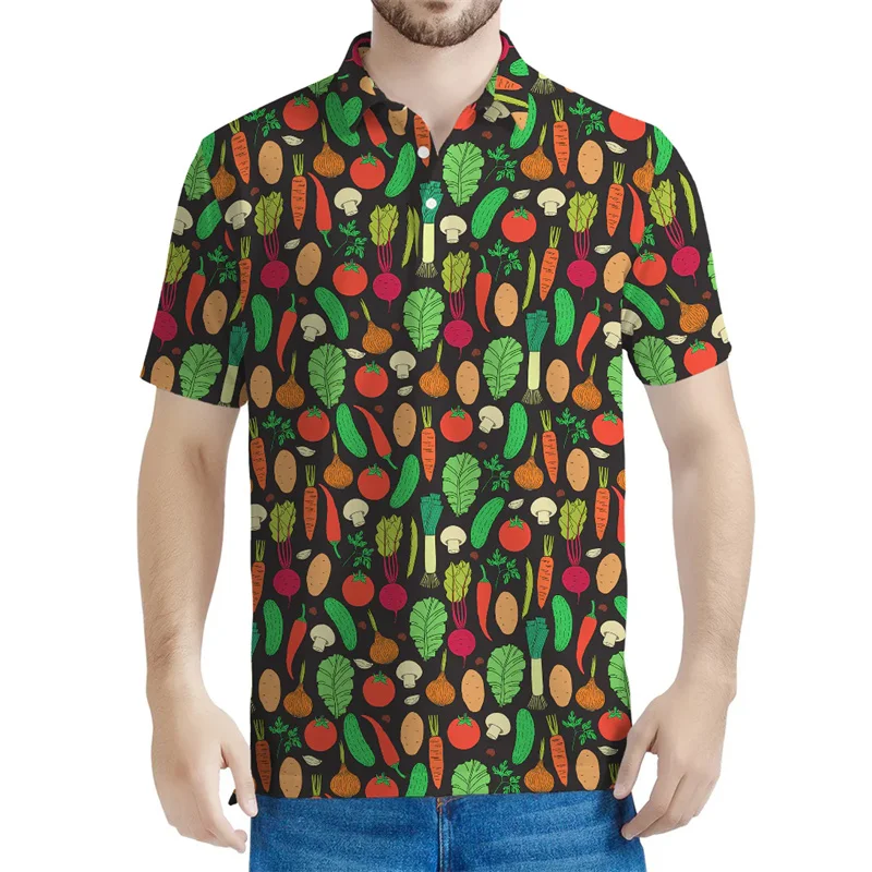 Vegan Vegetables Graphic Polo Shirt For Men Casual 3d Printed Food Tees Lapel Button Short Sleeves Tops Oversized Polo Shirts