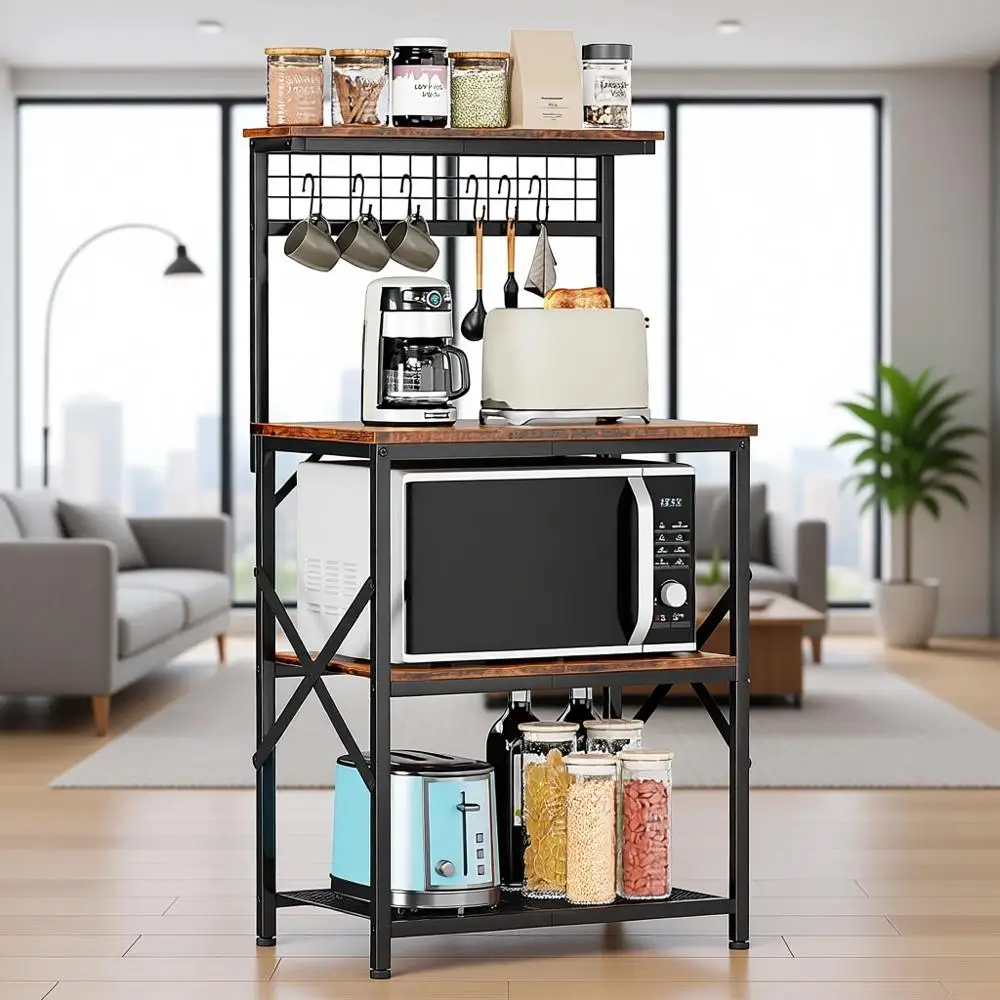 

Bakers Rack with Hutch, Coffee Bar Station, 4-Tier Microwave Stand, Spice Organizer Workstation, Rustic Brown