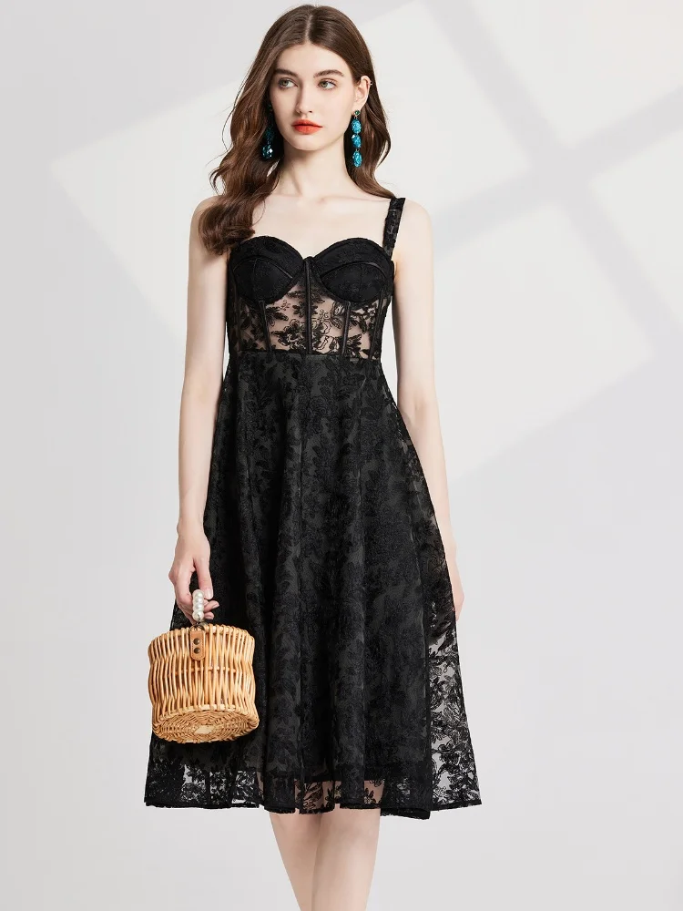 

SMTHMA French Mesh Embroidery Sexy Perspective Runway Dress Women's Sexy Spaghetti Strap Slim Knee-Length Dresses Vestidos