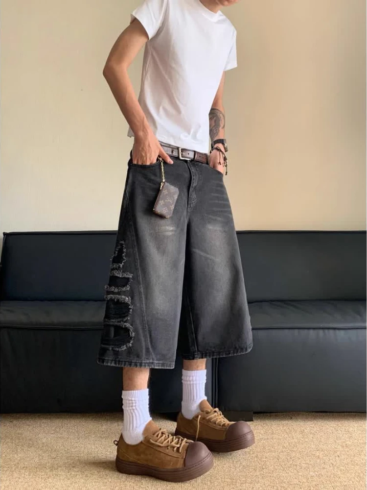 ADAgirl Black Loose Shorts Woman Streetwear Vintage Do Old Patchwork Straight Wide Leg Summer Jeans Hip Hop Fashion Denim Pants