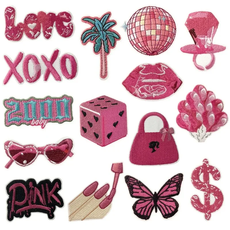 Pink Old XOXO Glasses Lips Dice Iron-on Sew Embroidery Badge Patches DIY T-shirt Hat Backpack Clothing Appliques Sticker