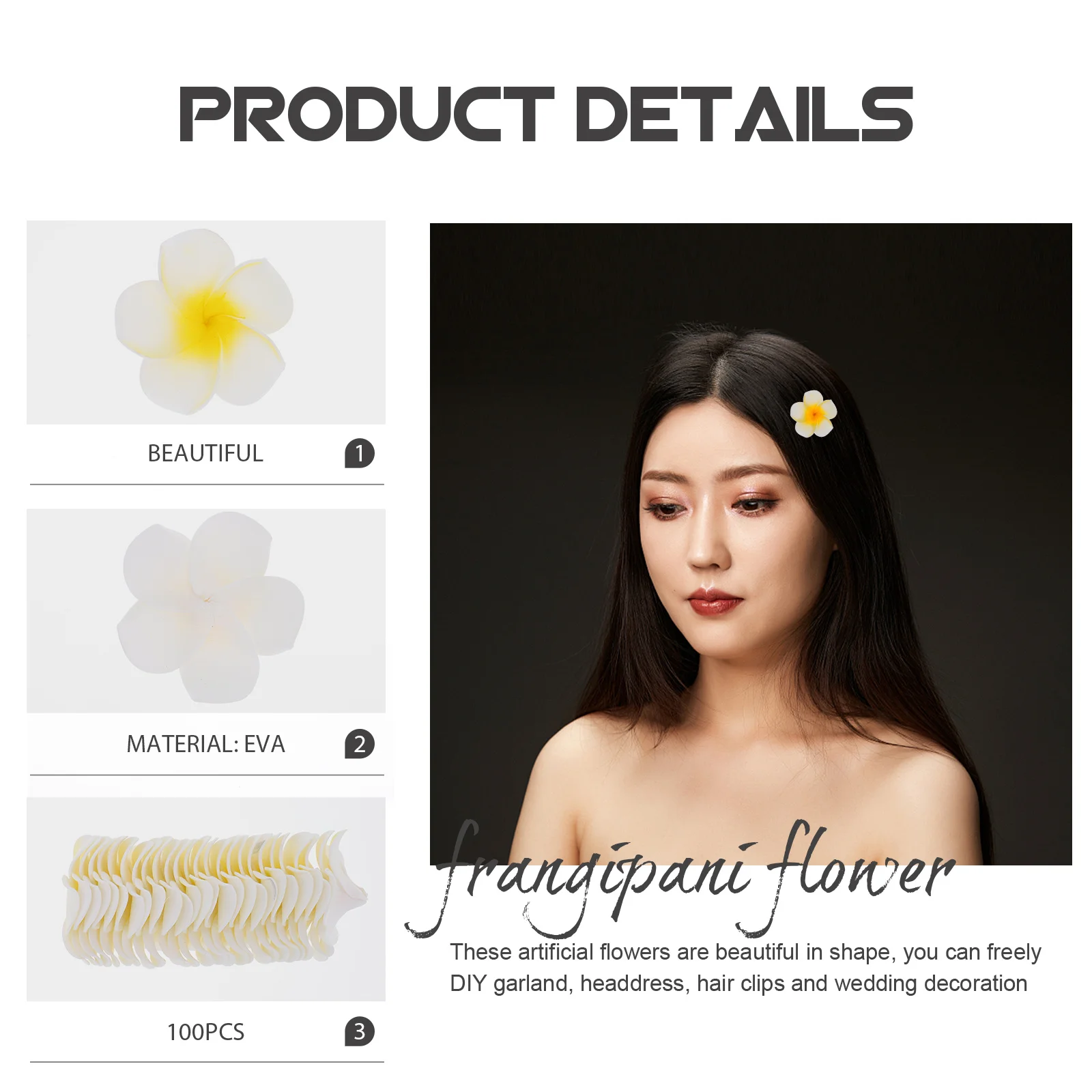 

100Pcs Hawaiian Frangipani Artificial Plumeria Flowers Wedding Party Beach Decor DIY Garland Headdress Hawaiian Frangipani