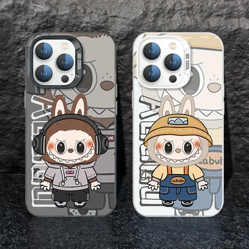 New trendy labubus cute cartoon couple mobile phone case suitable for Apple 13/14/15promax simple color silver protective cover