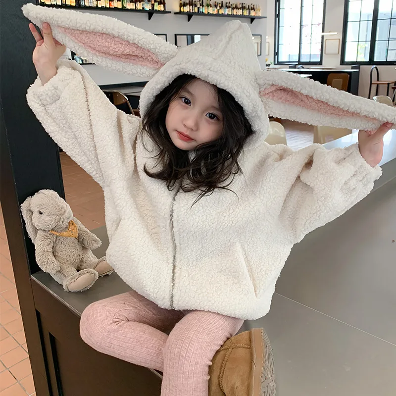 2022 Winter New Girl's Coat Korean Children's Wear Winter Lamb Rabbit Ear Hair Plush Children's Coat