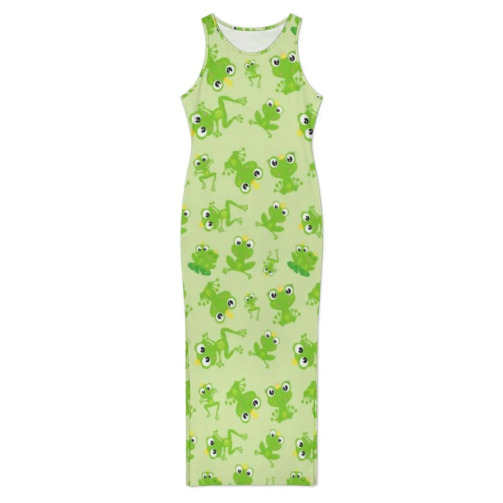 Frog Prince Pattern Dress Sleeveless Kawaii Green Cartoon Frogs Casual Maxi Dresses Casual Bodycon Dress Women Graphic Clothing