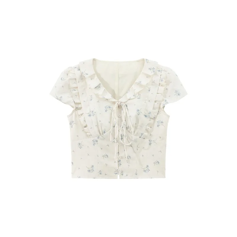 Women Sweet Ruffled Floral Short Sleeve Blouse Summer Cropped Shirt Cute Fitted Vintage Top with Lace Detail and Youthful Design