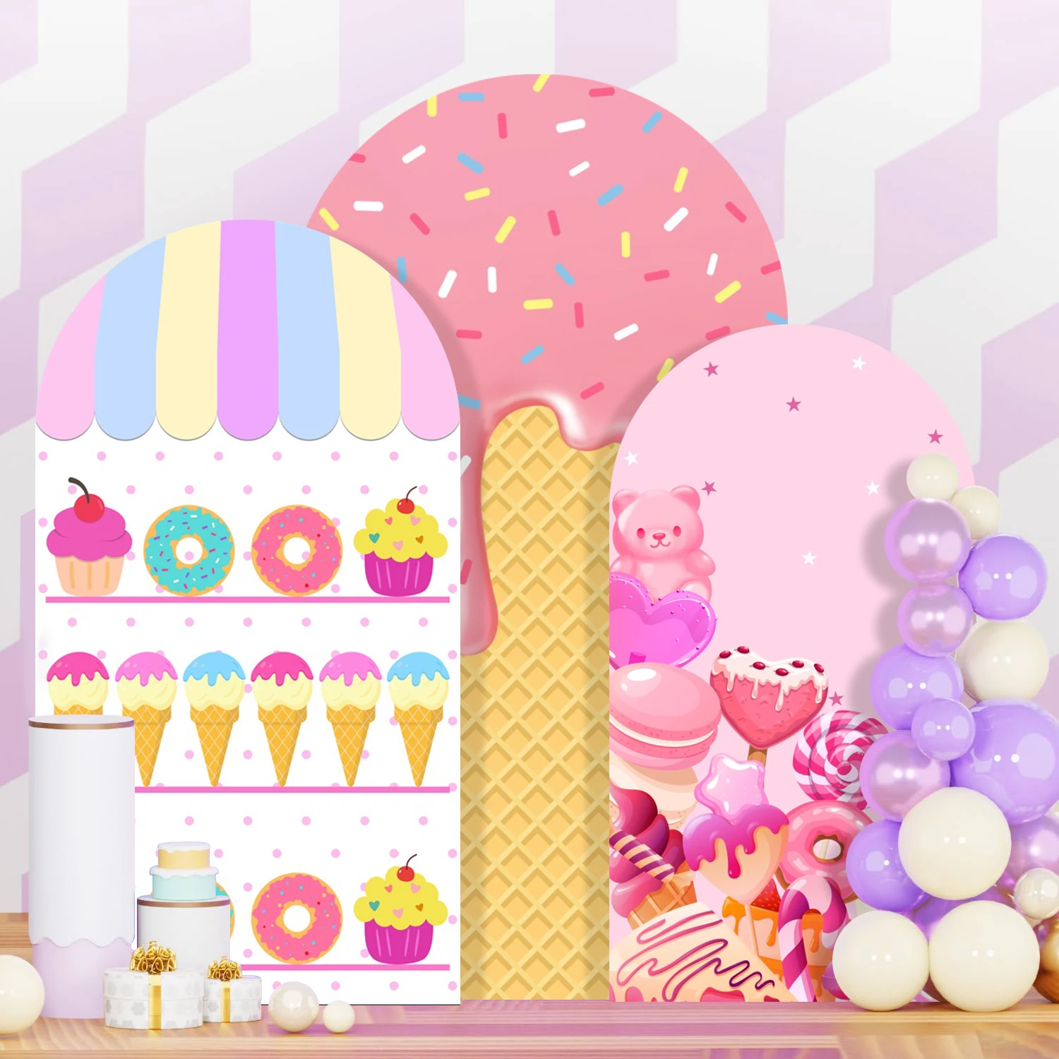 Baby Products Lotion - ฉากหลังงานเลี้ยงวันเกิด/งานเลี้ยงฉลองทารก ลายขนมหวาน ไอศกรีม โดนัท สำหรับถ่ายภาพเด็กผู้หญิง พร้อมผ้าพื้นหลังยืดหยุ่น