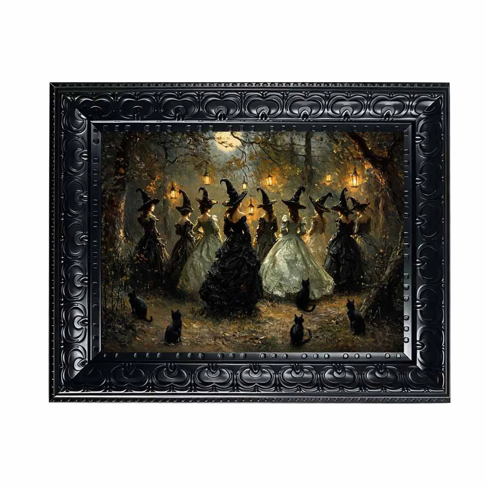 Halloween Wall Art, Framed Canvas Wall Art Gothic Witches Gathering Forest Print for Dark Academia Spooky Home Room Decor