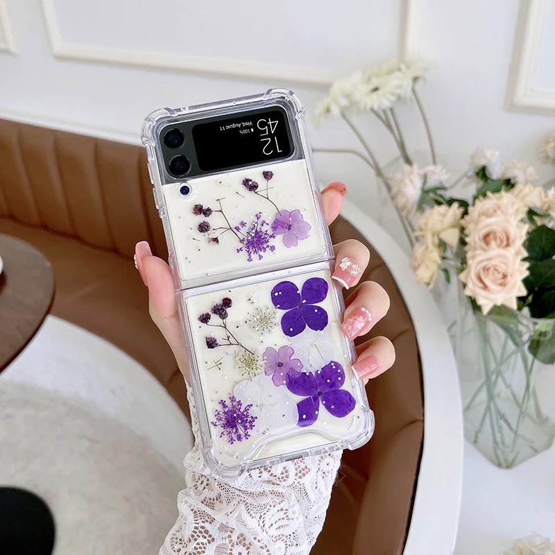 For Samsung Z Flip 3 4 Case Real Dried Flower Sequins Glitter Phone Case For Galaxy ZFlip 6 5 Fold 4 5 6 Soft Shockproof Cover