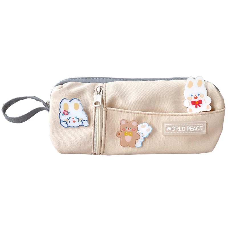 2022 Simple Canvas Pencil Case Student Japanese Style Large Capacity Pen Case Pencil Bags with Badge Cute Stationery Organizer