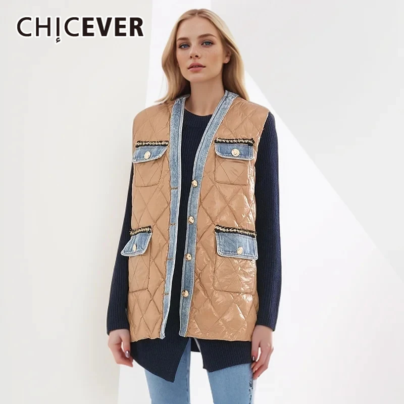 

CHICEVER Chic Spliced Pocket Vest For Women V Neck Sleeveless Patchwork Single Button Fashion Hit Color Vest Female Clothing New