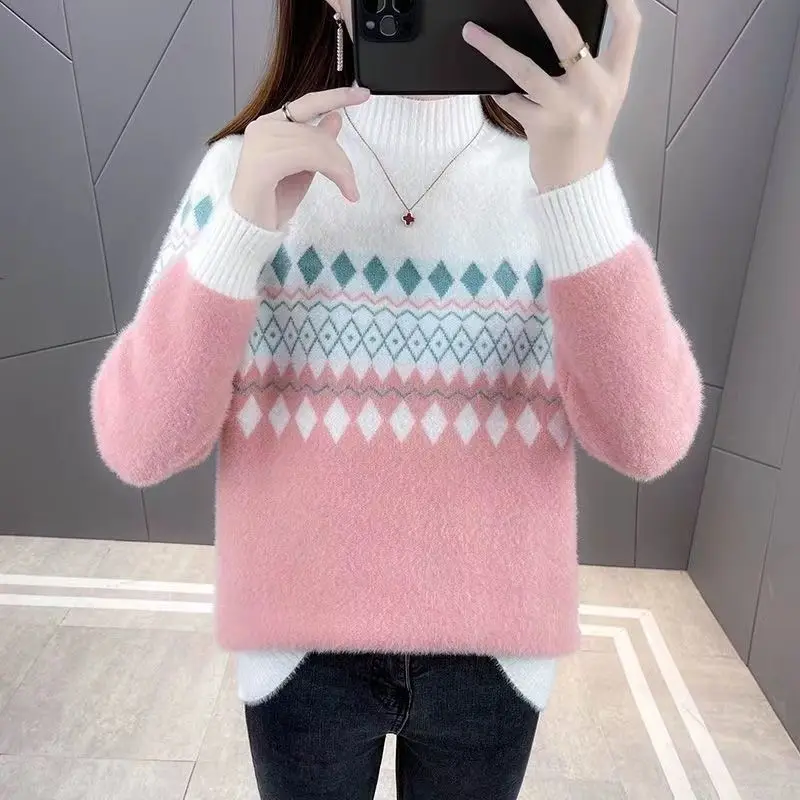 Autumn Winter Women Korean Fashion Contrast Color Warm Knitted Sweater Casual Half High Collar Long Sleeve Pullover Tops Jumpers