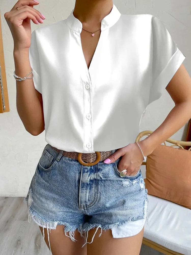 

Elegant Women Blouse 2024 Summer Simple Tops Solid Slim Short Sleeve V-Neck Button Shirt Office Female White Shirts Street S-XXL