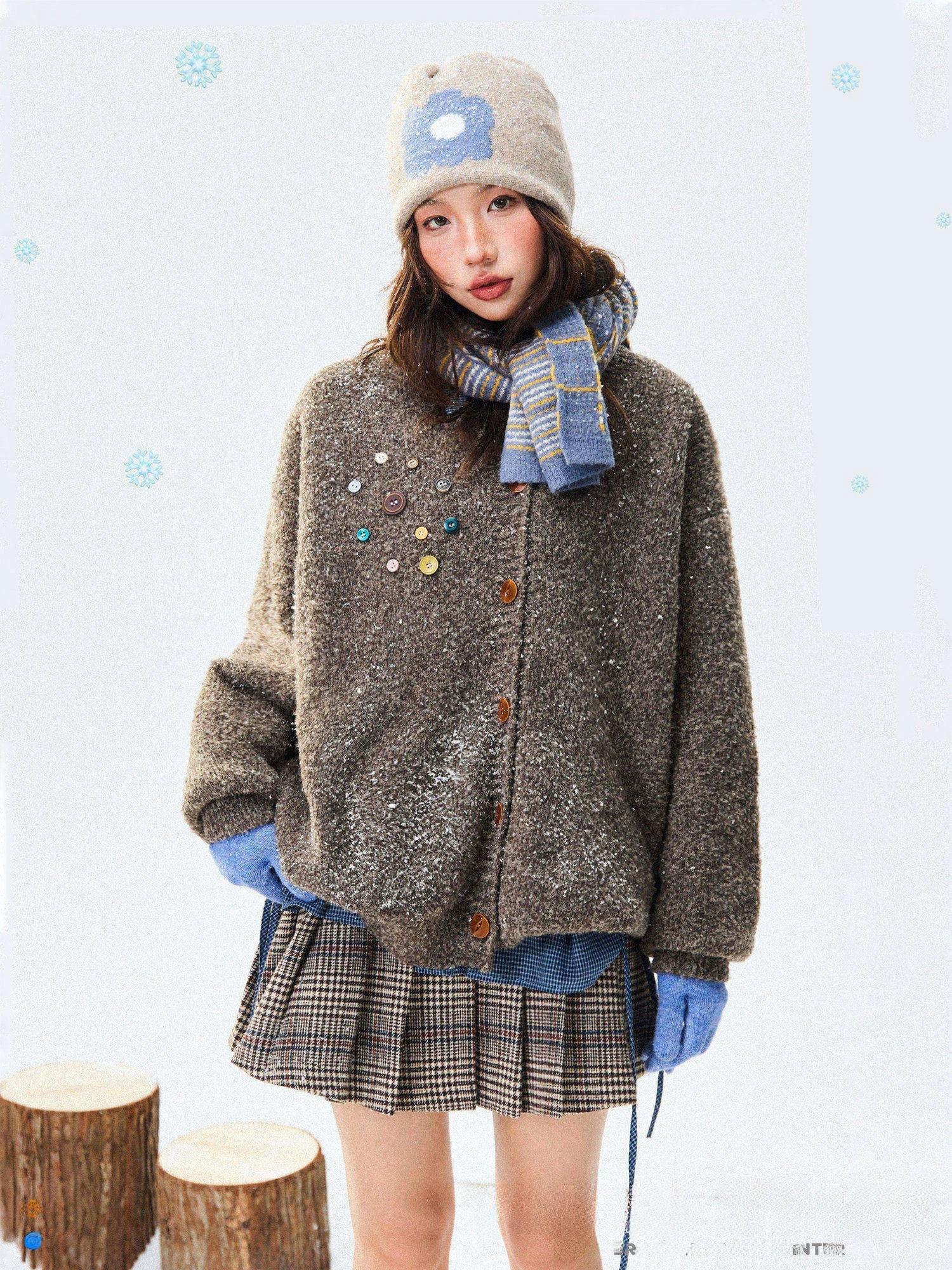 

Young Stage American Retro Button Knitted Sweater Coat Women's Winter Lazy Warm V-ne Knitted Open Cardigan