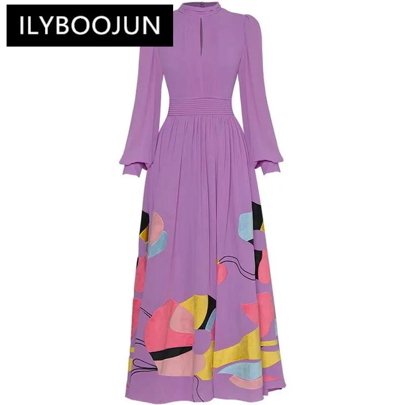 

ILYBOOJUN Fashion Designer Violet Elegant Party Dress Women's Lantern Sleeve Embroidery Pleated High Waist Slim Long Dress