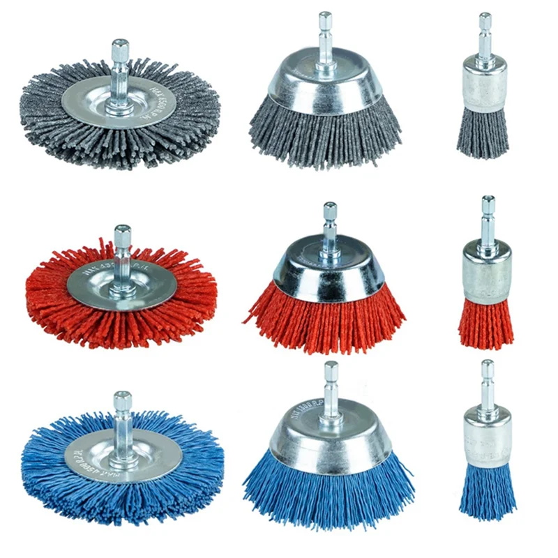 

9 Pack Nylon Filament Abrasive Wire Brush Wheel & Cup Brush Set ,Nylon Brush Set for Removal Of Rust Corrosion Paint