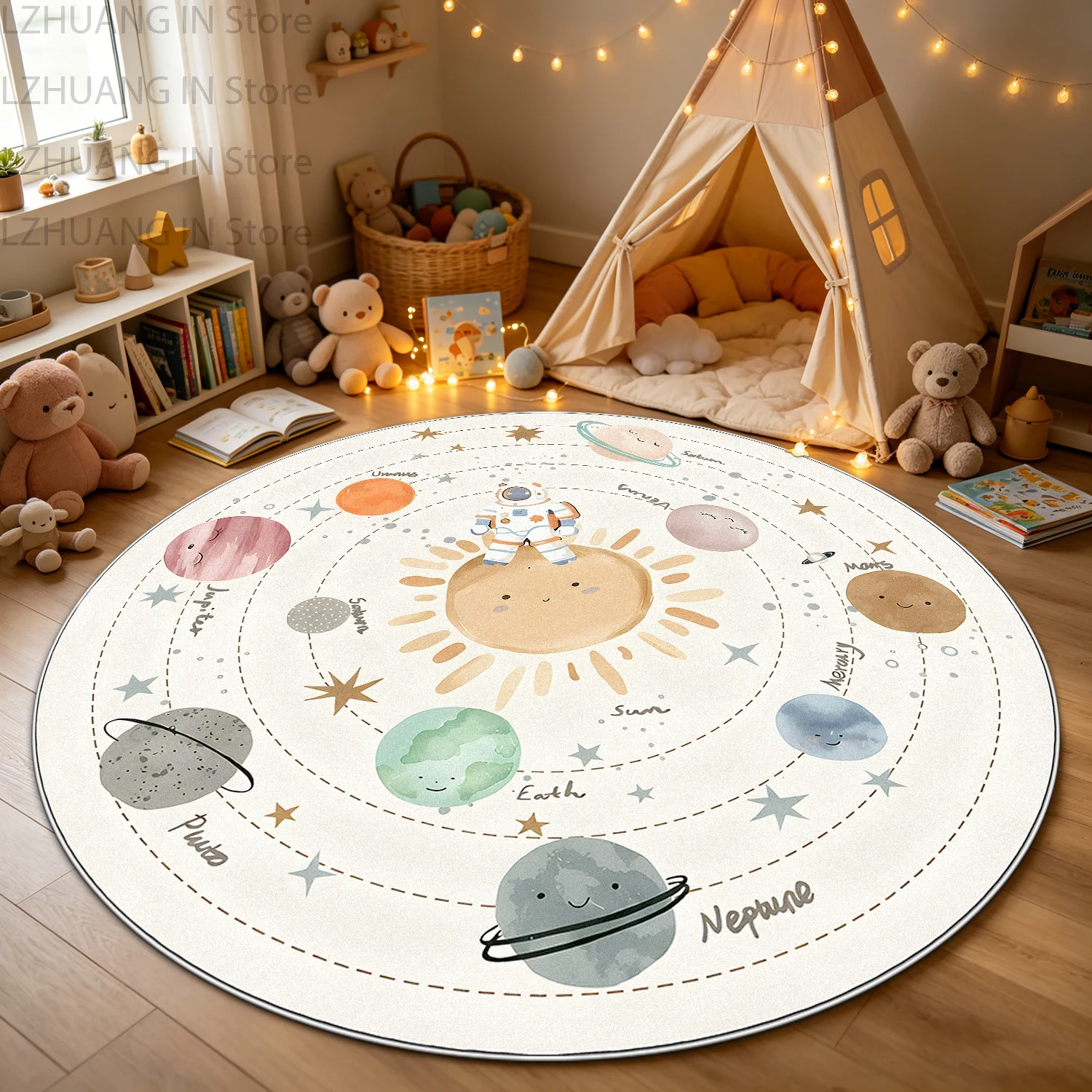 Cartoon Cute Space Round Carpet for Bedroom Washable Non-slip Soft European Tatami Rug Foldable Short Velvet living room mat