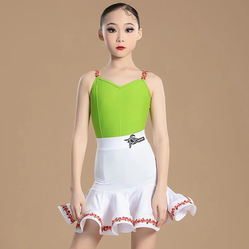 Children Modern Latin Dance Flower Camisole Jumpsuit and Skirt Girls Kids Professional Competition Waltz Social Dancewear