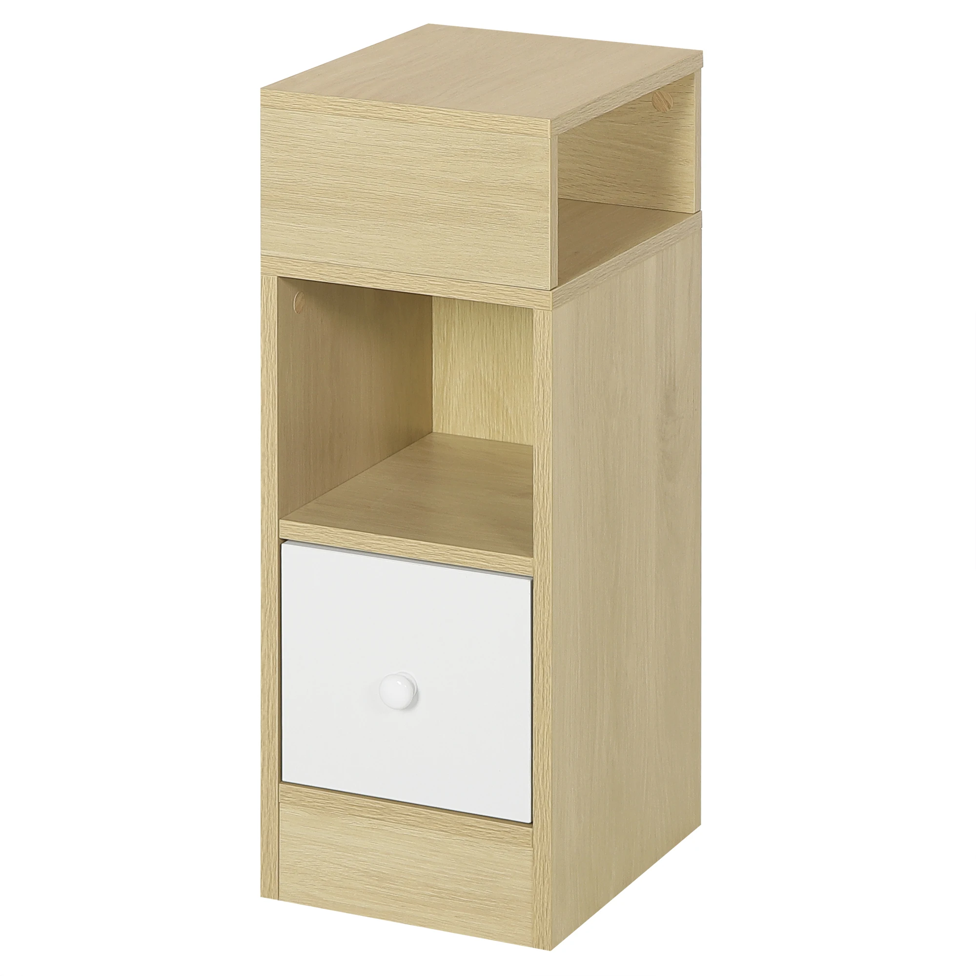 EUGAD 1PC Narrow Bedside Table with 2 Open Shelves 1 Drawer Slim Small Storage Cabinet 25x66x30cm Nightstand Space-Saving for Be