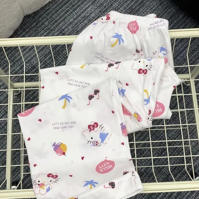 White Hello Kitty Pure Cotton Pajamas for Girls Spring and Autumn Long-sleeved Trousers Cartoon Cute Ins Style Home Clothes Set