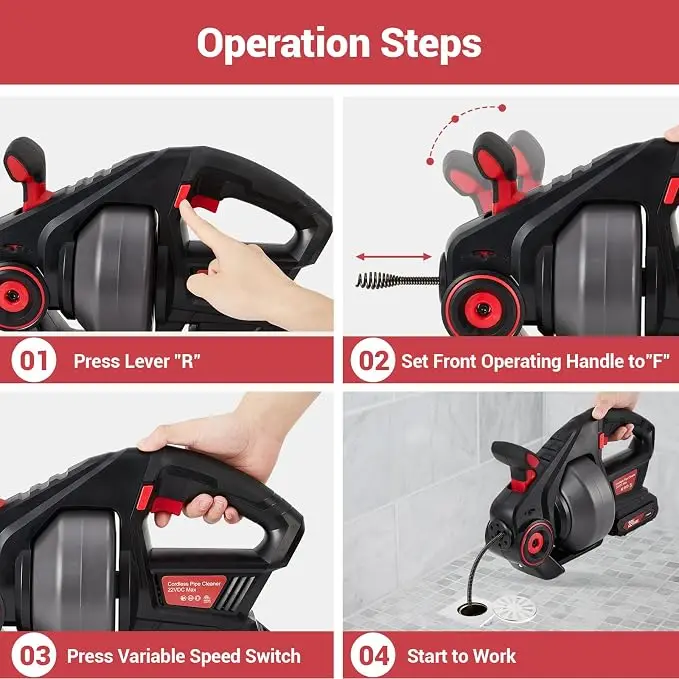 22V Electric Drain Auger, Auger-Efficient 25Ft Auto-Feed Drain Snake,2.0Ah Battery,Charger,Storage Bag & Gloves for Kitchen,Bathroom,Shower Pipes view 5