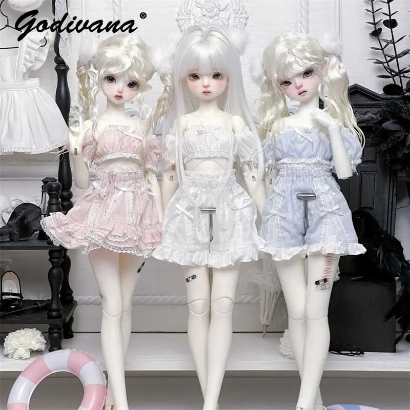 1/4 BJD Doll Outfit Sweet Girly Off‑Shoulder Short Top Shorts and Skirt Set Lace Ruffle Trim Bow Doll Clothes 5 Color Options