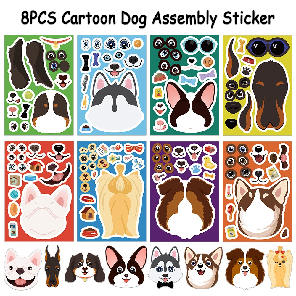 8PCS Different Types of Puppy Face Changing Assembly Sticker Eye and Mouth Changing Creative DIY Decoration Scrapbook Luggage