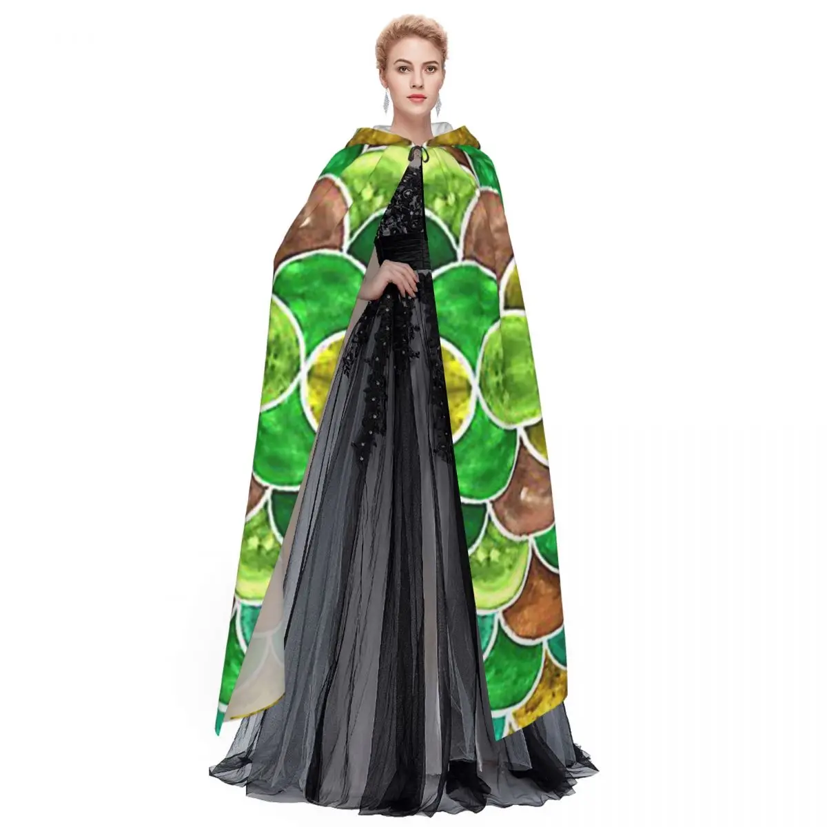 الأخضر والأصفر الموازين نمط طويل مقنعين عباءة الساحرة القرون الوسطى زي تأثيري كيب هالوين مصاص دماء الكبار للجنسين