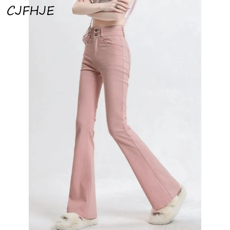 CJFHJE Pink France Style Vintage Jeans Women High Waist Korean Fashion Flare Pants Female Pocket Slim Designer Sweet Pants